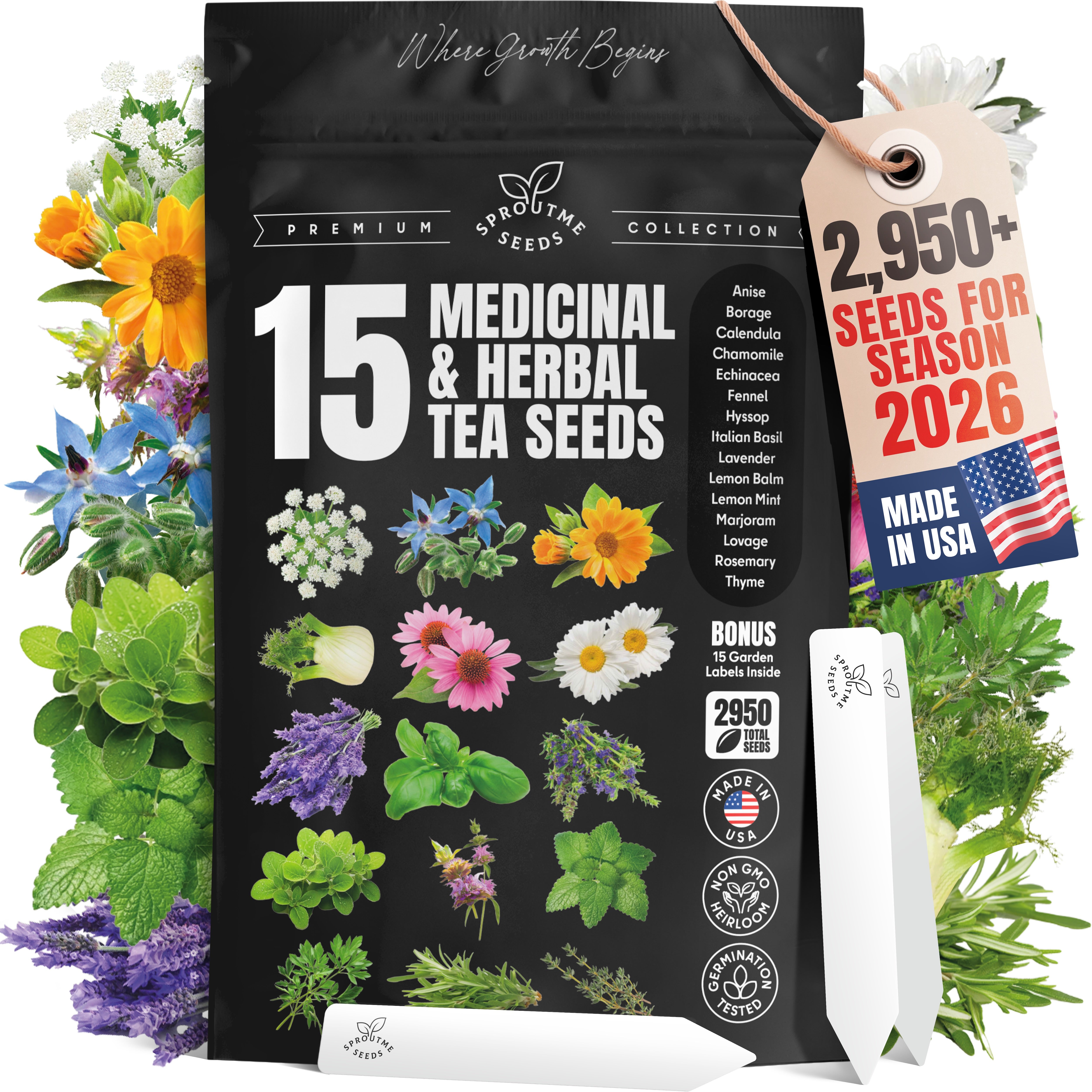 15 Medicinal & Herbal Tea Seeds Variety Pack Home Garden Kit Plant Markers 2950+ Non-GMO Heirloom Indoor Hydroponic Outdoors Planting Herb Anise Basil - Organo Republic seeds store 15 Medicinal & Herbal Tea Seeds Variety Pack Home Garden Kit Plant Markers 2950+ Non-GMO Heirloom Indoor Hydroponic Outdoors Planting Herb Anise Basil