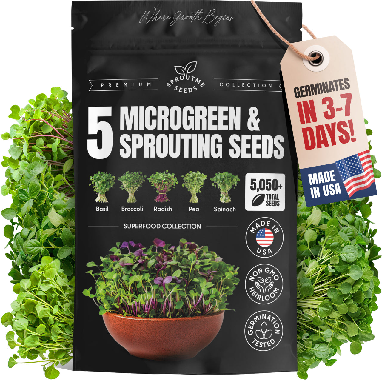 Microgreens & Sprouting Seeds Variety Pack – 5 Varieties for Indoor Growing & Hydroponic Use, Non-GMO Heirloom, 5,050 Seeds Total – Basil, Broccoli, Radish, Pea & Spinach