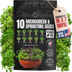 Microgreens & Sprouting Seeds Variety Pack – 10 Varieties for Indoor & Outdoor Growing, Non-GMO Heirloom – Arugula, Beet, Basil, Broccoli, Cabbage, Kale, Mustard, Pea, Radish, Spinach