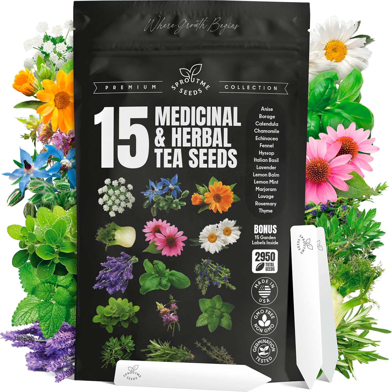 15 Medicinal & Herbal Tea Seeds Variety Pack Home Garden Kit Plant Markers 2950+ Non-GMO Heirloom Indoor Hydroponic Outdoors Planting Herb Anise Basil