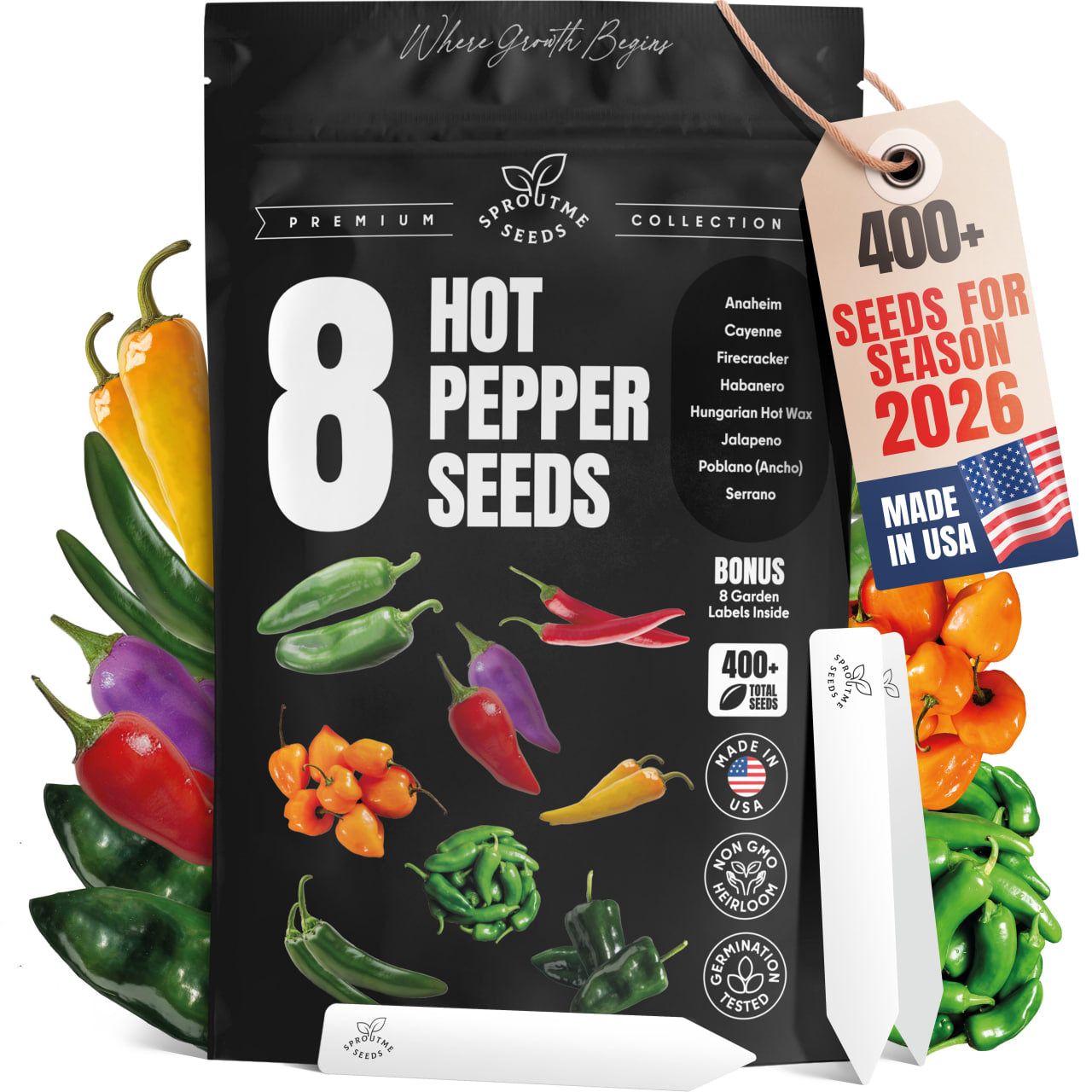 8 Hot Pepper Seeds Variety Pack – Mixed Heat Garden Collection, Anaheim, Cayenne, Habanero, Hungarian Hot Wax, Jalapeño, Poblano, Serrano & Firecracker, Non-GMO Heirloom for Indoor & Outdoor Growing