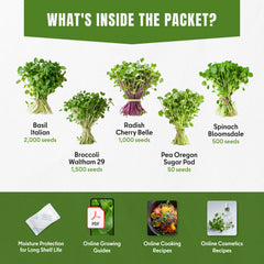Microgreens & Sprouting Seeds Variety Pack – 5 Varieties for Indoor Growing & Hydroponic Use, Non-GMO Heirloom, 5,050 Seeds Total – Basil, Broccoli, Radish, Pea & Spinach