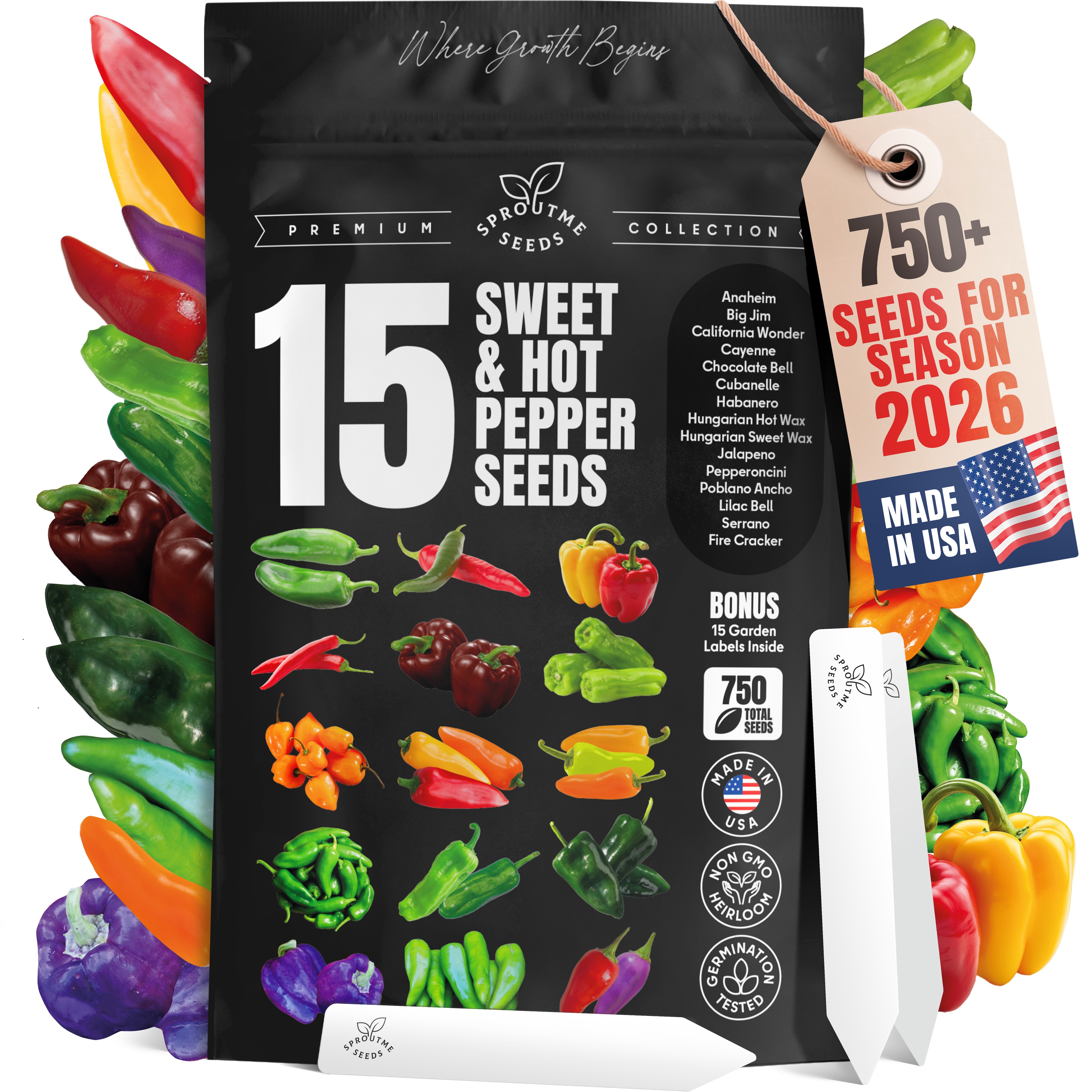 15 Sweet & Hot Pepper Seeds Vegetable Variety Pack Home Garden Kit Plant Markers 750+ Non-GMO Heirloom Indoor Hydroponic Outdoors Planting Cayenne Banana Habanero Jalapeno Cubanelle Bell Rare Peppers